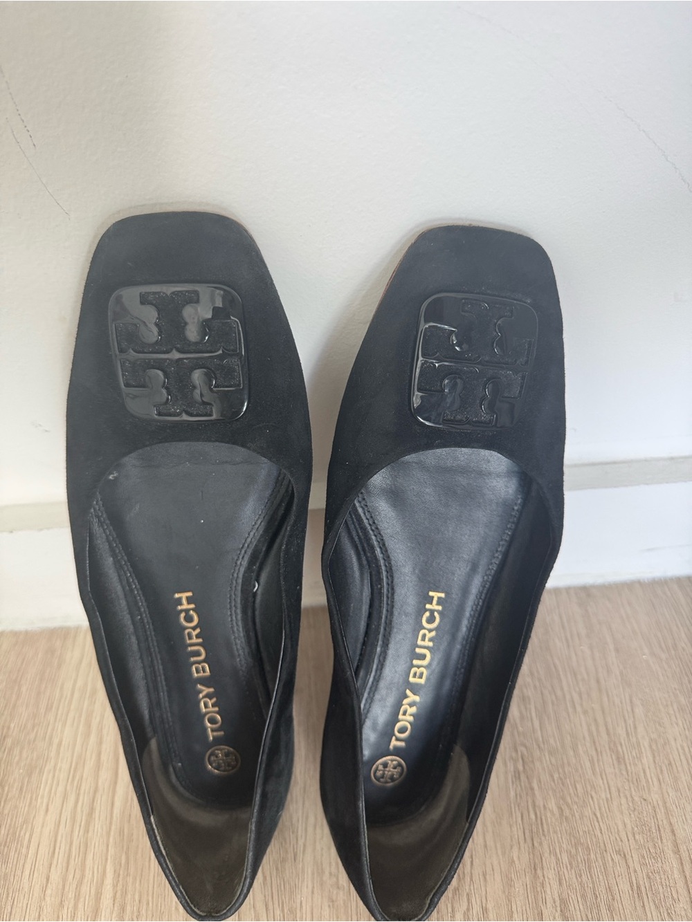 Tory Burch Black Suede Logo Square-Toe Flats
